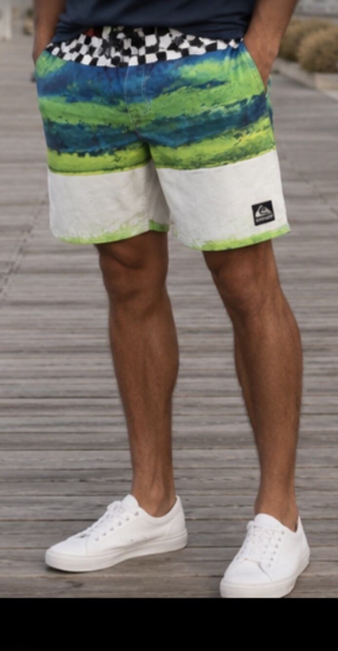 Vintage Quiksilver Mens Striped BoardShort Green Blue off White Black Drawstring